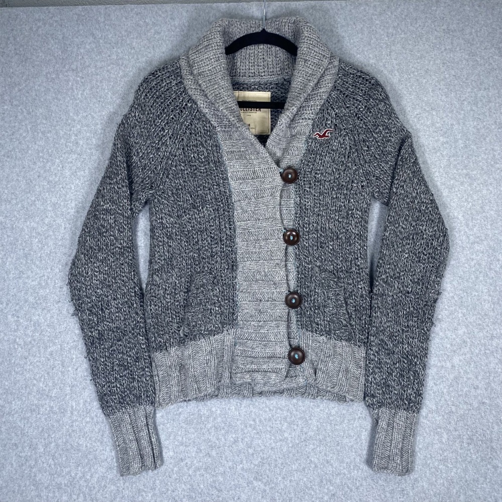 Vintage Hollister Cardigan Sweater Mens M Grey Shawl Collar Wool Marled Knit